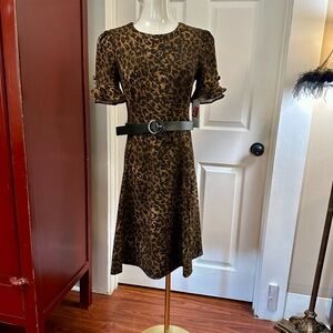 DKNY Brown and Black Leopard A-line Midi Dress with Flutter Sleeves